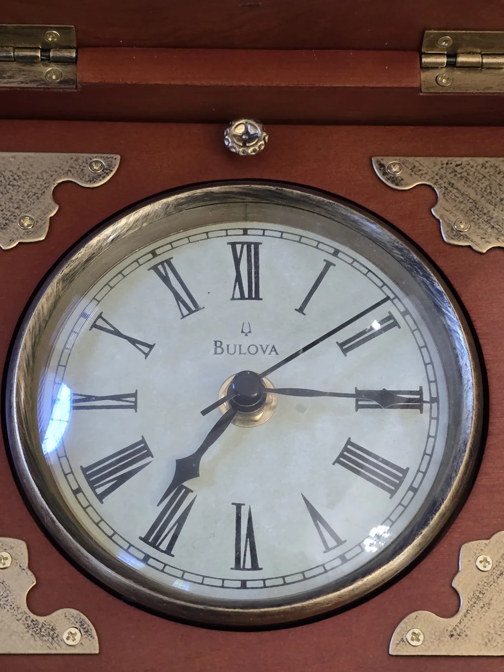 Bulova Wooden Box Wall Clock in Brown with Brass Accents